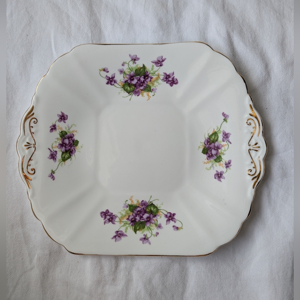 Vintage Radfords England Purple Violets bone China Square Handled Cake Plate